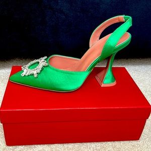 Green satin sling back with crystal